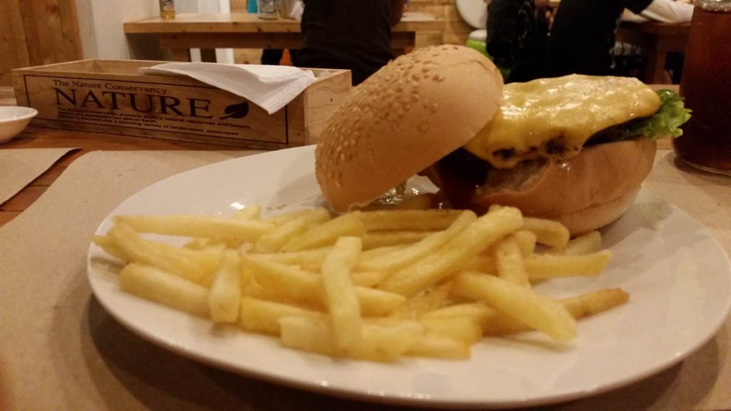Here's the cheesy classic burger served with fries. You can also request for an additional egg or patty.