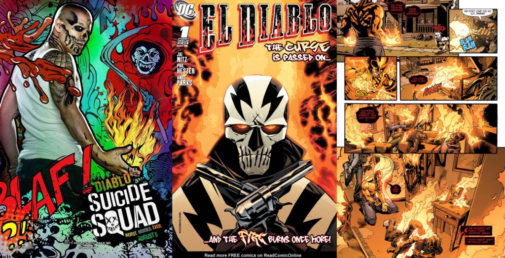 (L to R): Jay Hernandez as Diablo in 'Suicide Squad' movie (2016), El Diablo cover (November 2008), and El Diablo in Suicide Squad (2011).
