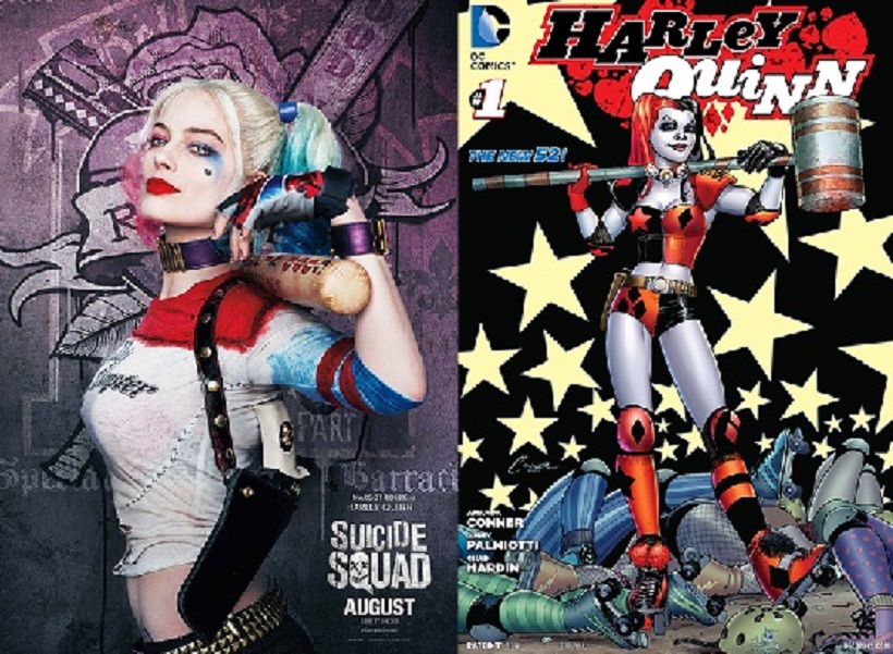 Left: Margot Robbie as Harley Quinn in the 2016 film; Right: Harley Quinn (2014) cover.