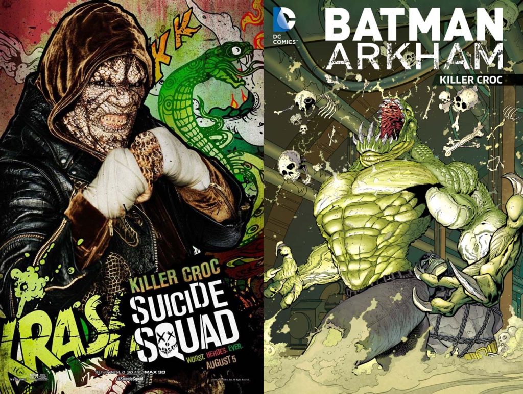 Left: Adewale Akinnuoye-Agbaje as Killer Croc in 'Suicide Squad' movie (2016); Right: Killer Croc in the cover of Batman: Arkham (June 2016)