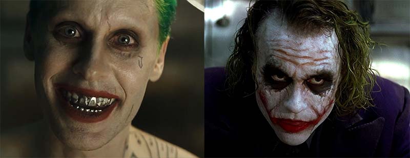 Jared Leto as the Joker in 'Suicide Squad' (left) and Heath Ledger as the Joker in 'The Dark Knight' (right).