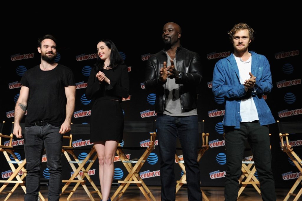Charlie Cox, Krysten Ritter, Mike Colter, and Finn Jones on stage. (Photo courtesy of Netflix)