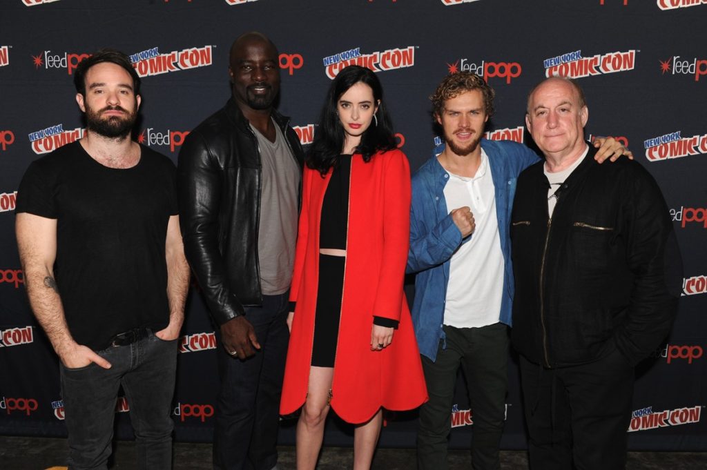 Charlie Cox, Mike Colter, Krysten Ritter, Finn Jones, and Jeph Loeb at the New York Comic Con 2016. (Photo courtesy of Netflix)